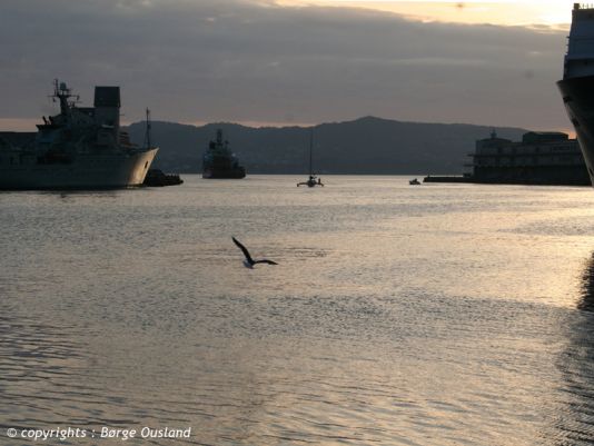 28 June / The unmistakable profile of the trimaran as it enters Bergen harbour.