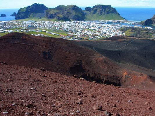 Heimaey seen from the top of Eldfell Volcano