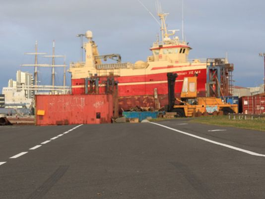 Reykjavik harbour in high speed renovation where fish and painting for big ships find the right balance.