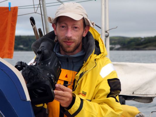 2 June. Bertrand Lozay 7 am, still sleepy but ready to capture on video the departure from Glandore to Crookhaven.
