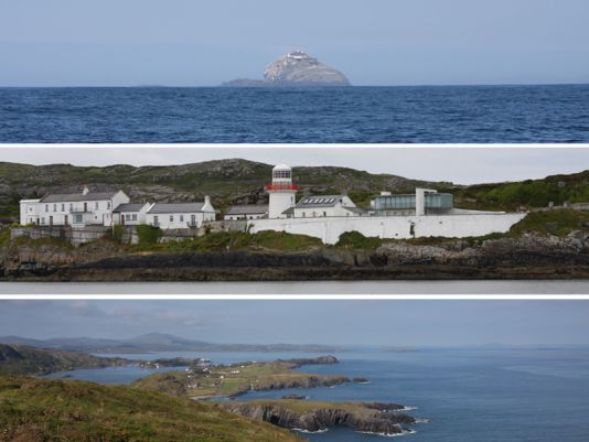 Above :  The Bull, little island situated at the tip of Durcey head / Middle : RockIsland Light House at the entrance of Crookhaven / Below : The subject being painted : Crookhaven and the large Long Island bay.