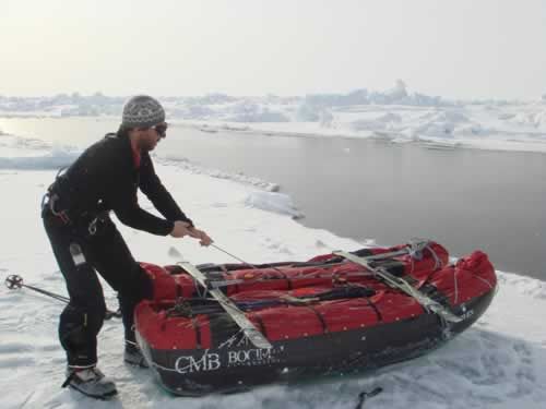 19 May: Dixie is tying the sledges together to cross a lead