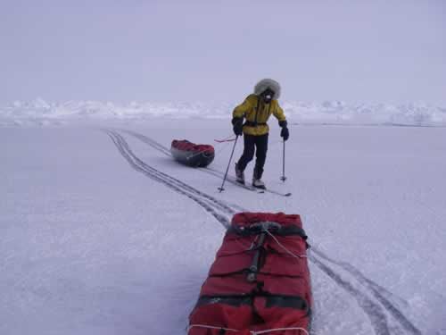 19 May: I am crossing a lead covered in fresh ice, which bends under my weight (Hubert)