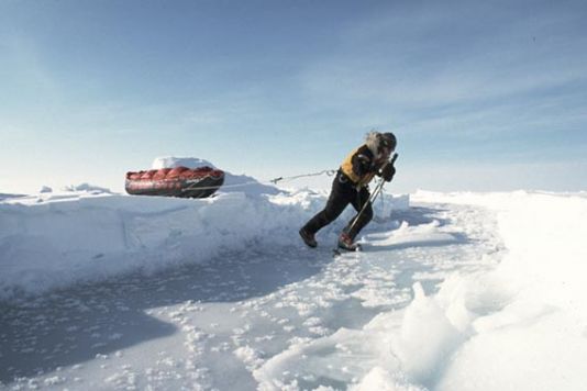 Friday April 5 - DAY 40 / A sudden change of scenery: first, it was the first time since the beginning of the expedition that they did not encounter any ice-free water. Then the horizon cleared, revealing less chaotic pack ice and flatter, more stable expanses of ice. Lastly, Alain and Dixie had once more the pleasure of getting out the large sail and of sliding with the strength of the wind. The session certainly didn't last very long, hardly an hour, but that was enough to inspire them with new moral stre