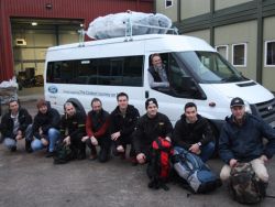 From left to right: A Varley, A. Thomas, C. Lusada, A. Bowring, M. Stevely, D. Main, S. Smirl, Ran Fiennes, Tris Kaye (driver)