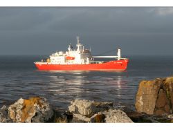 The SA Agulhas which carries all the expedition material to Crown Bay